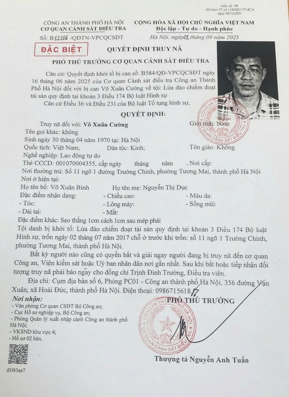 QĐ truy nã đối tượng Cường